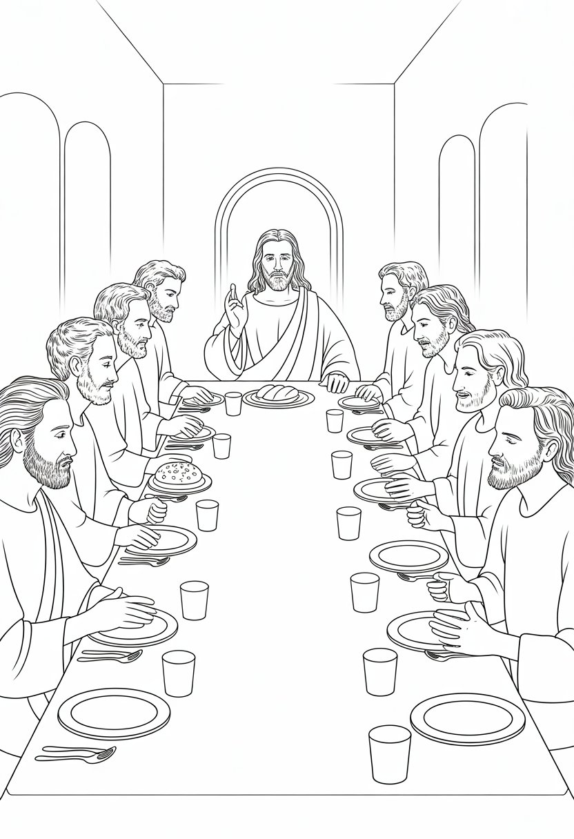 Christian Coloring Pages for Kids: 20 Inspirational Designs to Inspire Faith 30 Jesus Christ and twelve disciples seated around a long table during the Last Supper.